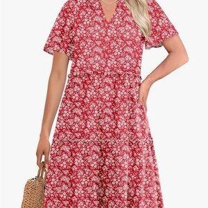 Red Floral Print V-Neck Midi Dress